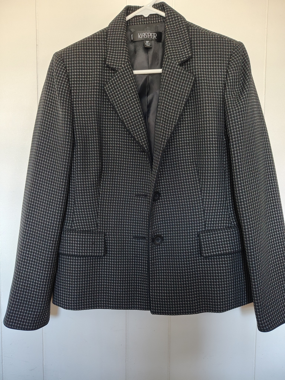 Kasper Petite Black White Grid Check Two Button Blazer Jacket Size 8P
